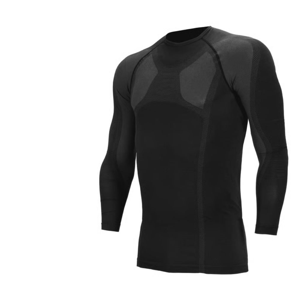 A black, long-sleeved compression shirt with a form-fitting silhouette displayed on a white background. A dark mesh panel favors the upper chest and shoulders, while the rest of the shirt is smooth with subtle texturing. The image shows mainly the right half of the shirt.
Power Dry Elite Knit Technology: