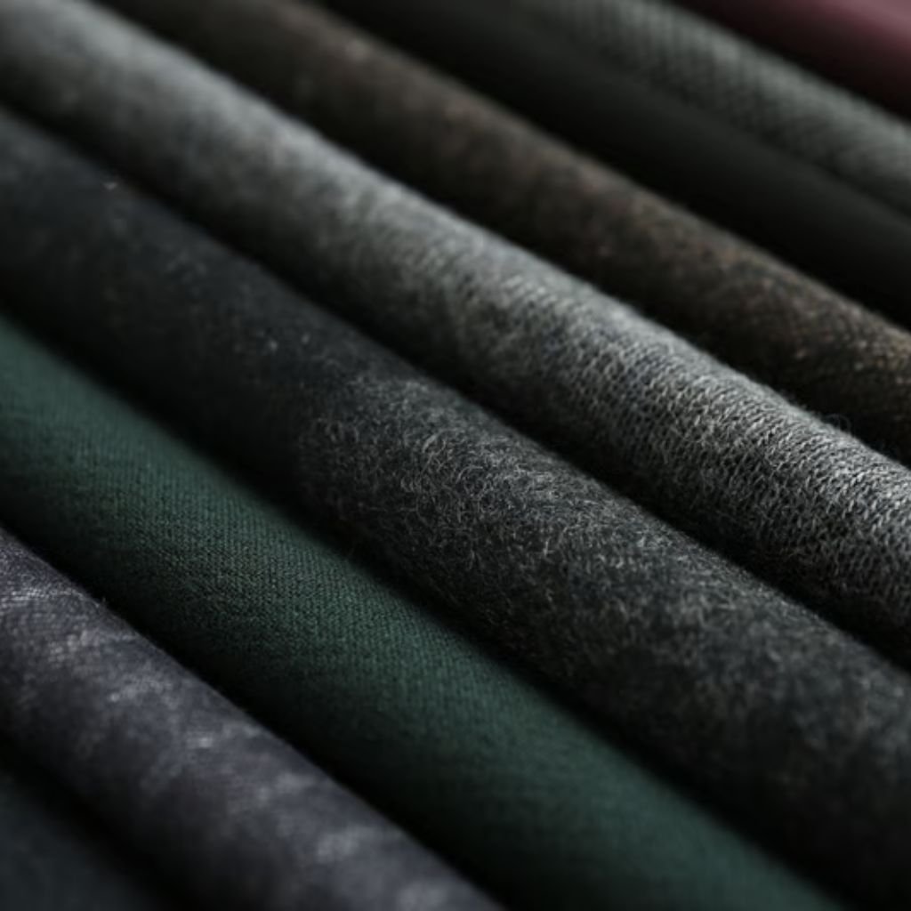 Sustainable Wool Fabric: Natural Warmth with a Green Promise 7 Alt text: Close-up of diagonal rows of rolled fabric samples in varying shades of gray, black, green, and brown, showing different textures.
Sustainable Wool Fabric: