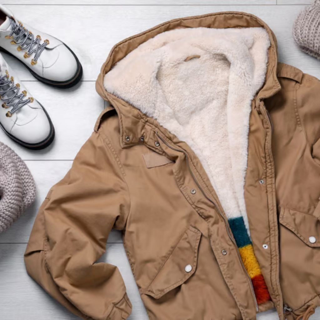 Sherpa Lined Fabric Guide: Features, Advantages & Best Uses 7 Top-down view of a brown parka with a fluffy beige lining, opened hood showing a multicolored striped inner lining, placed on a pale wooden surface next to white shoes with grey laces and knitted hats.
Sherpa Lined Fabric Guide: