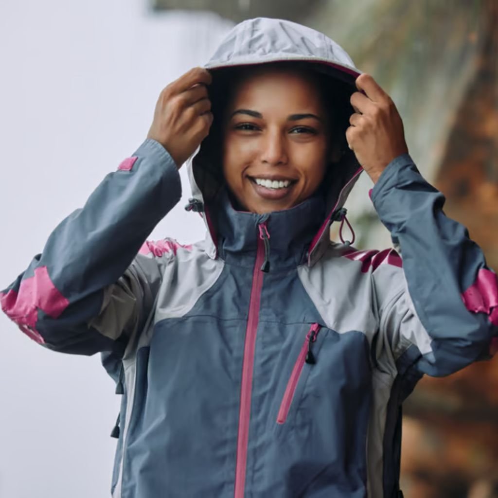 A smiling Black woman wearing a grey, dark blue, and pink hooded rain jacket. She is pulling the grey hood over her head with both hands, looking at the camera.

Softshell Fabric Explained: