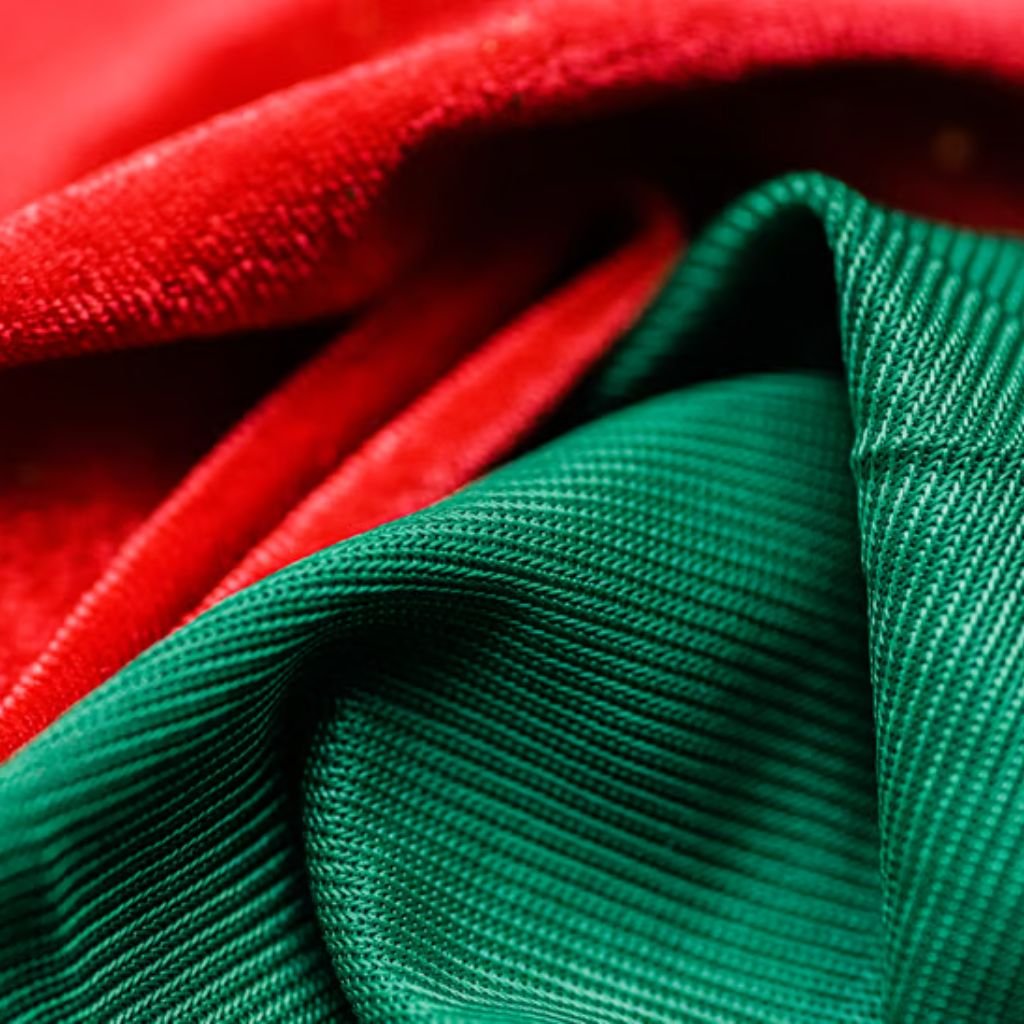 "Close-up of red and green fabrics, showing glints and folds of a quilted or textured material, suggesting a military-inspired winter jacket."
Velvet Warm Fabric Explained:
