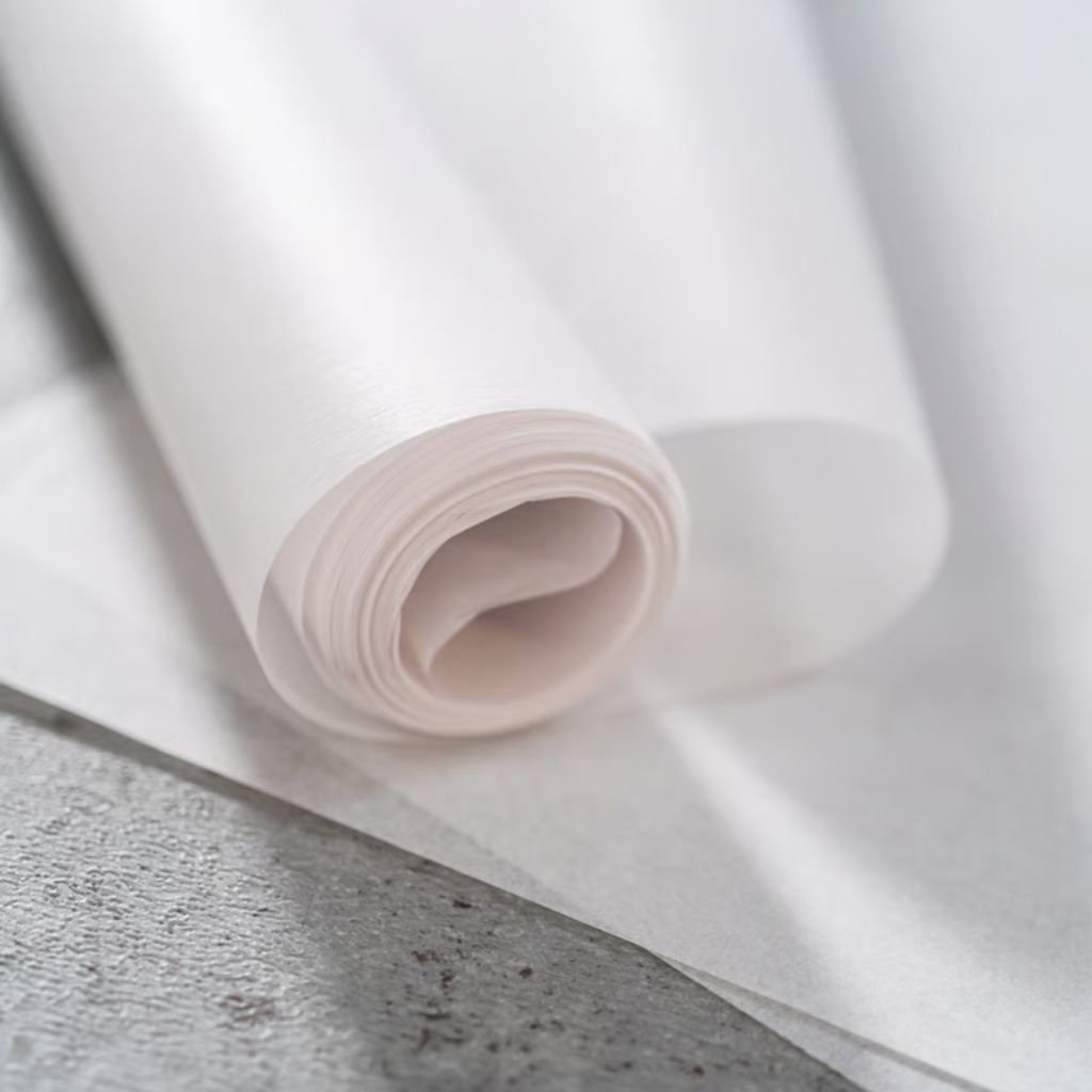 Alt text: A roll of white fabric sits on a textured, light gray surface; the fabric is smooth and slightly glossy with a soft, rolled edge.
Frost Flex Fabric Explained: