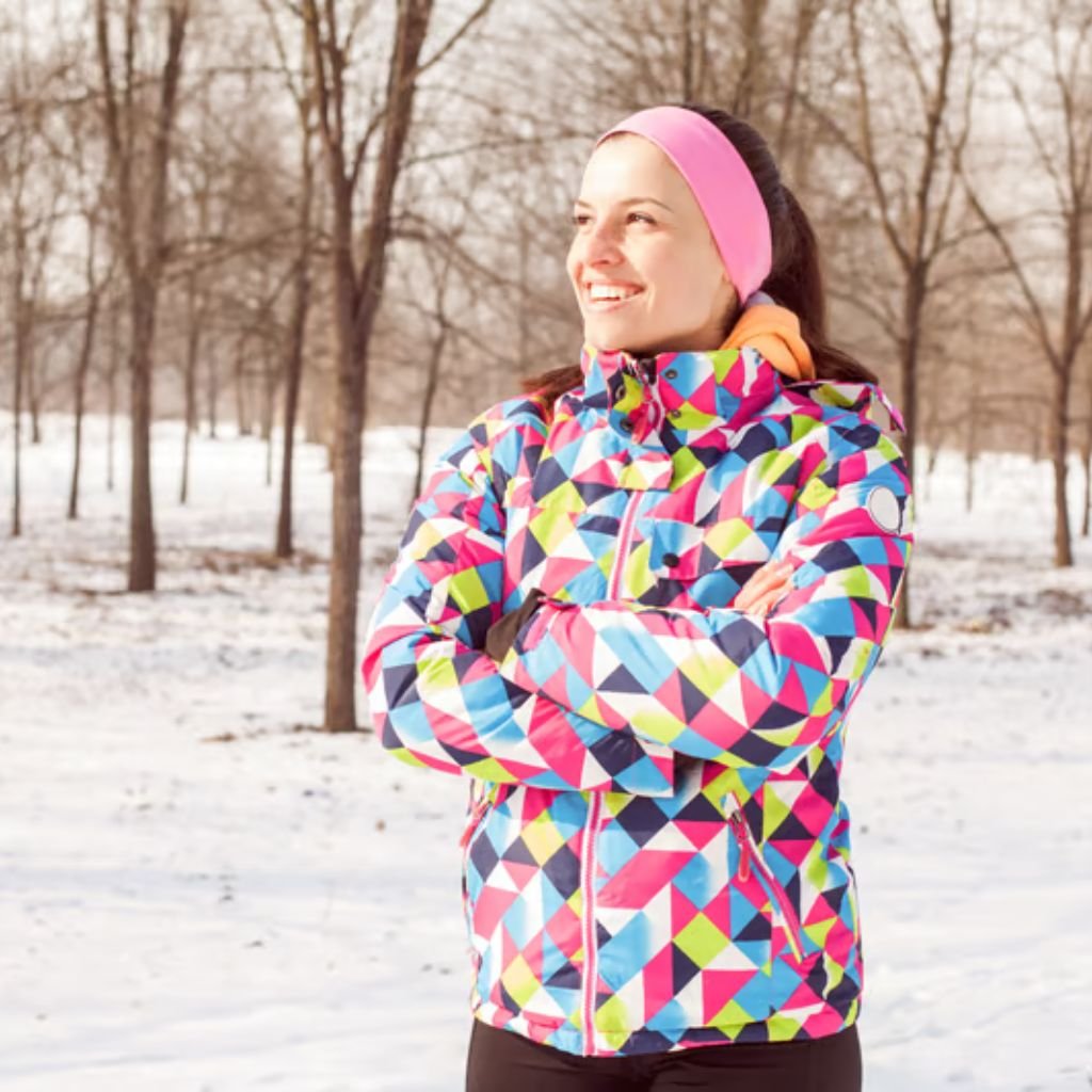 Alt text: A woman standing in a snowy park with bare trees, wearing a colorful geometric jacket and a pink headband. She has a smile and her arms crossed.

Arctic Shield Fabric:
