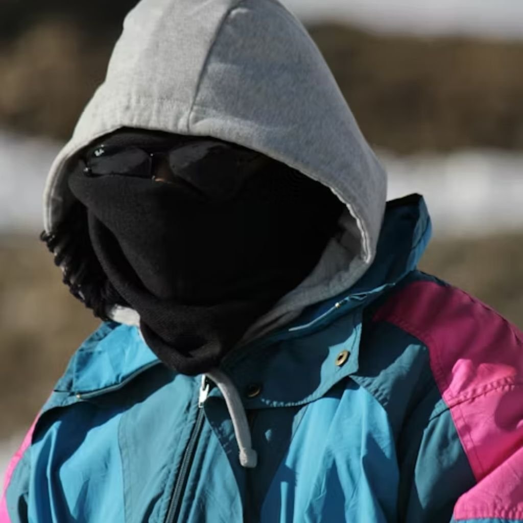 Cold Wind Blocking Winter Coat: Built to Stop Freezing Winds 9 Alt text (short description): A person bundled in winter gear, wearing a gray hooded sweatshirt, sunglasses, a black face covering, and a teal and pink jacket against a snowy backdrop.
Cold Wind Blocking Winter Coat