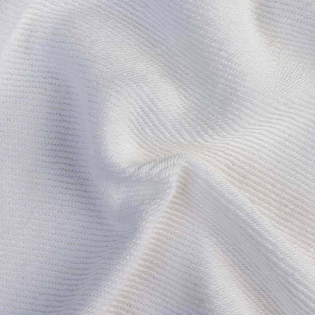 Alt text: Close-up of white textured fabric with diagonal ridges and a central crease, creating subtle shadows and highlights.
Snow Silk Luxe Winter Weave:
