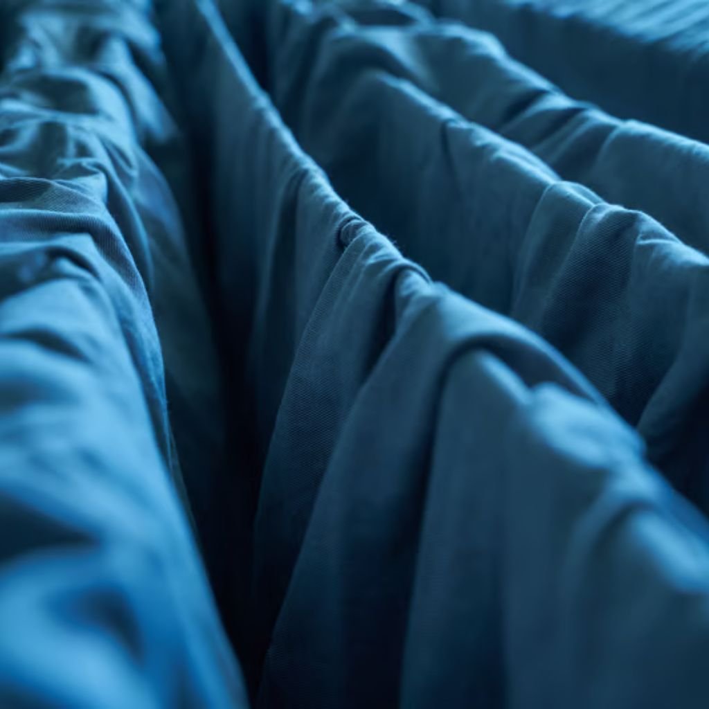 Alt text: Close-up of blue textured fabric with deep folds and shadows, creating a sense of depth.
Frost Core Insulated Fabric: