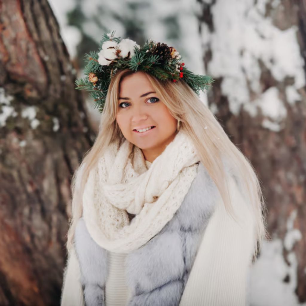 Winter Crown Insul-Fabric Guide: Benefits, Features & Uses 10 A smiling woman with long blonde hair wearing a winter wreath of pine needles, cotton, pine cones, and red berries. She has a cream scarf and a gray fur vest, standing in a snowy outdoor scene with a large tree in the background.
Winter Crown Insul-Fabric Guide: