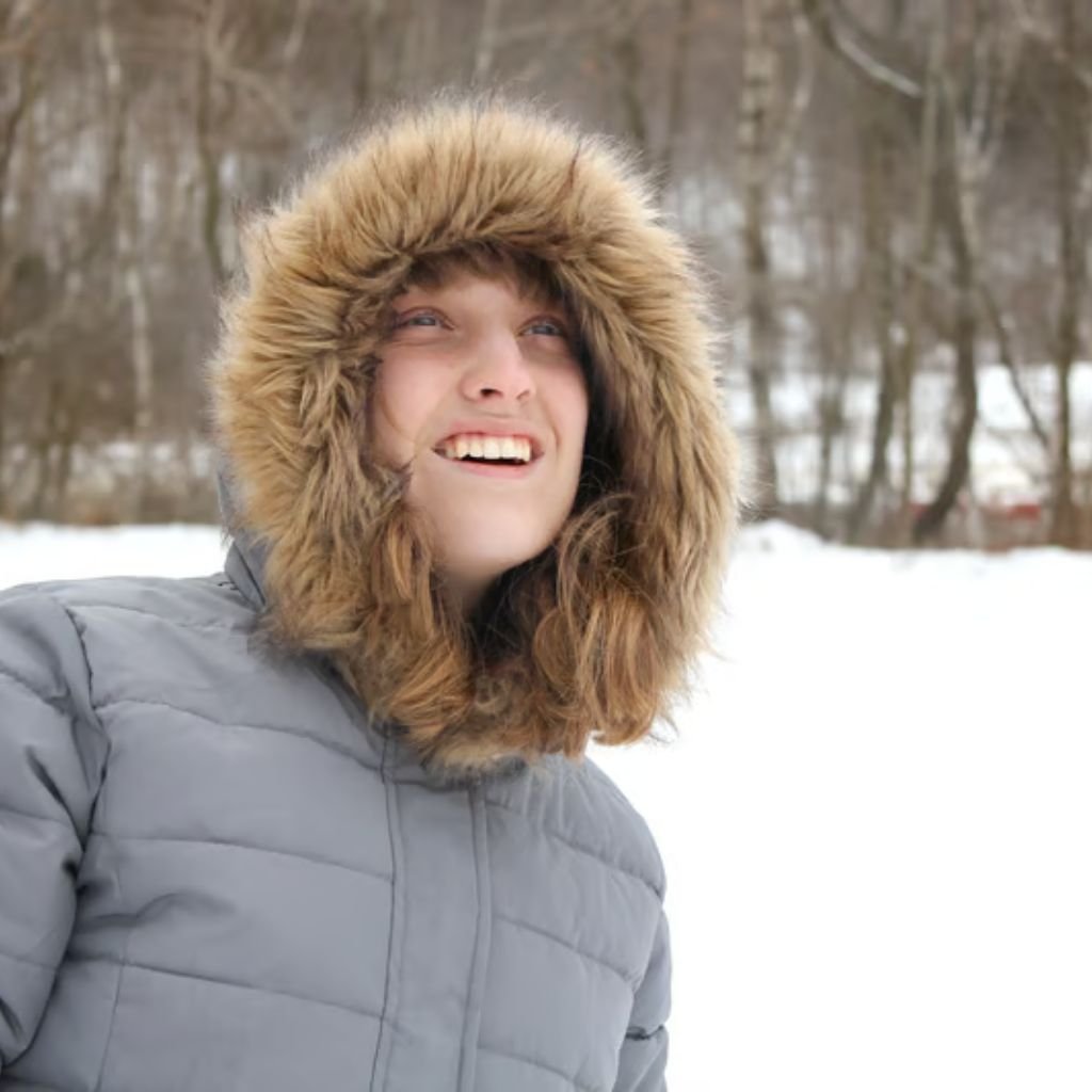 A smiling person outdoors in a snowy setting, wearing a light gray puffer jacket with a large faux-fur hood.
Maximum Warmth Winter Coat: