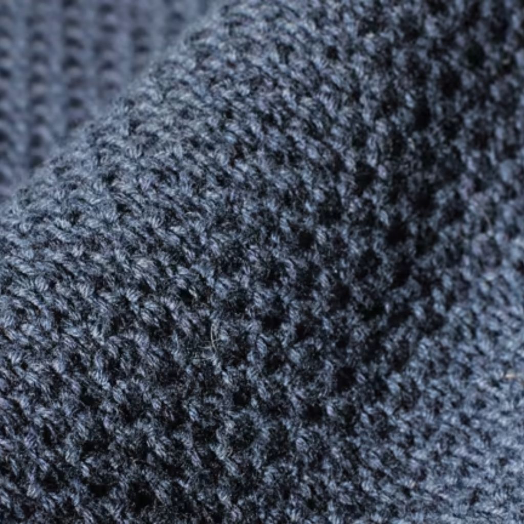 "Close-up view of tightly knit, textured blue fabric from a military-inspired winter jacket."
Glacier Soft Elite Knit Explained:
