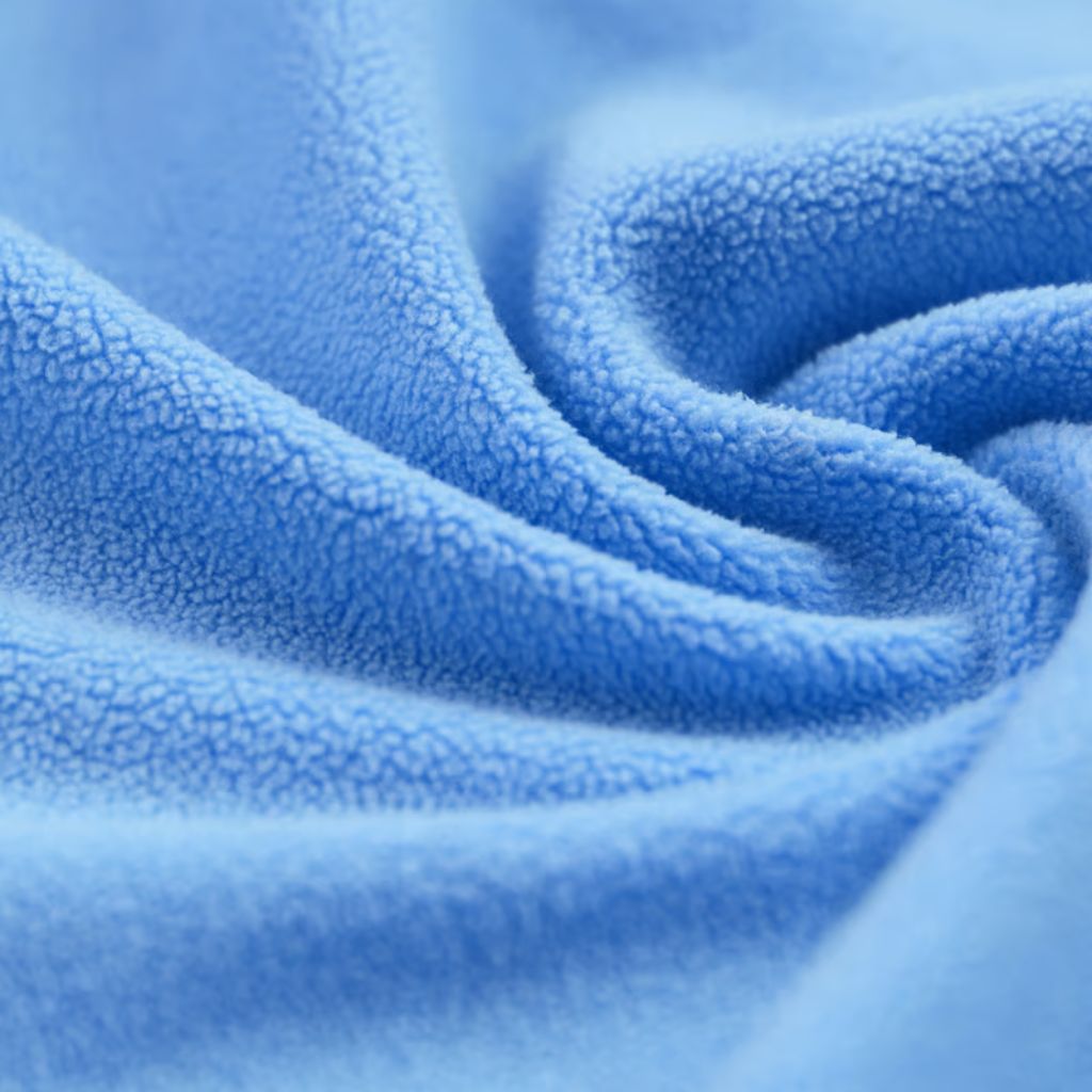 Close-up of light blue fleece fabric draped in soft folds, showing a fuzzy, napped texture with subtle shadows and highlights.Nordic Plush Thermal Fabric Explained:
