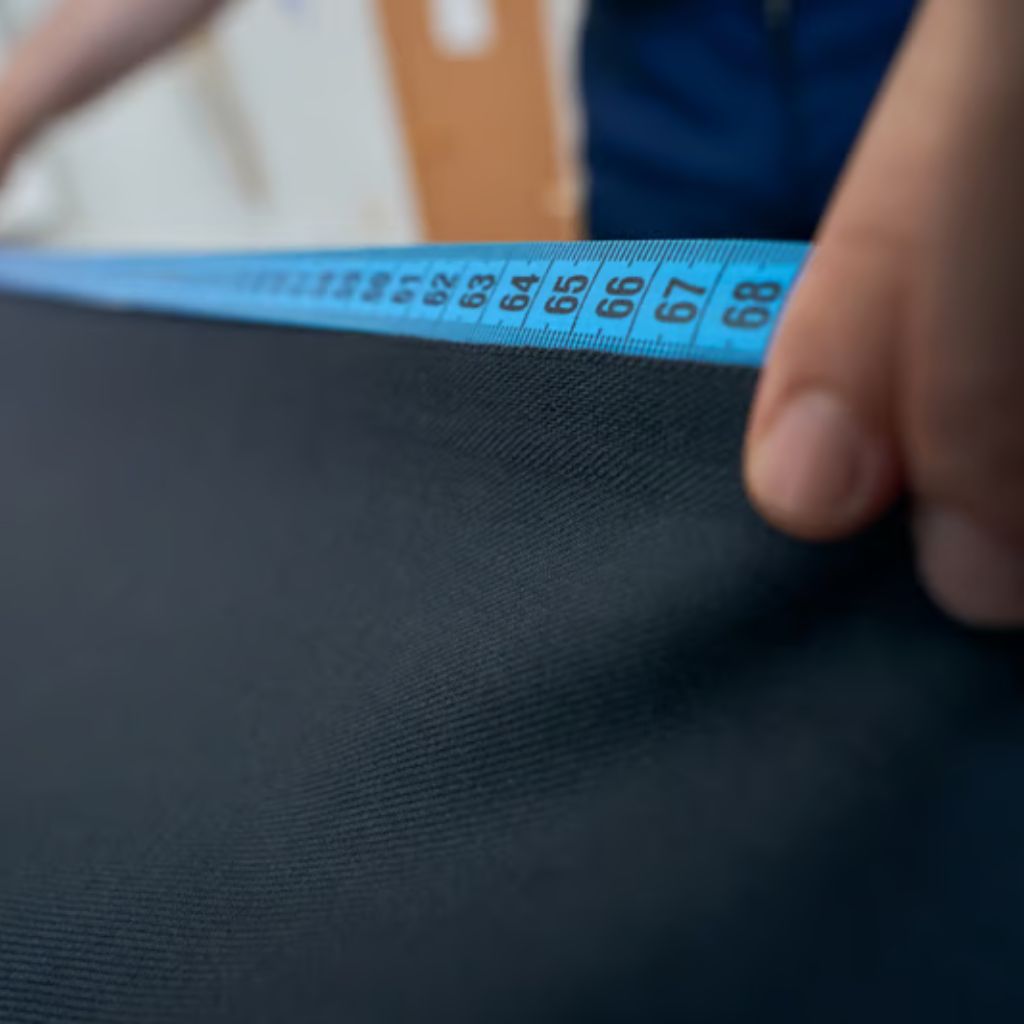 "Close-up of a light blue measuring tape held against dark navy fabric, with a hand securing the tape in place."

Swift Fit Dynamic Fabric: