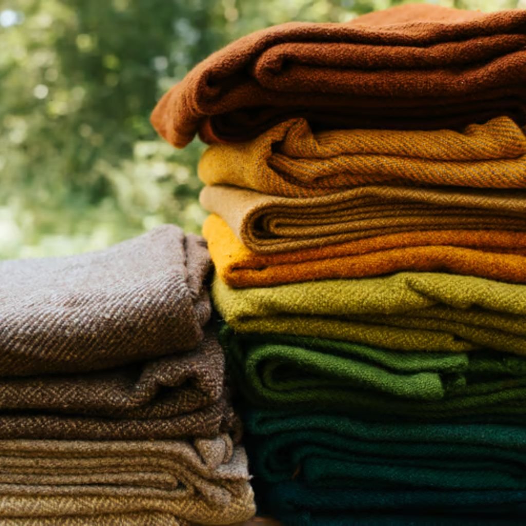 Sustainable Wool Fabric: Natural Warmth with a Green Promise 10 Alt text: Two stacks of folded blankets in warm earth tones; the right stack shows a gradient from brown to yellow, green, and teal, while the left stack is beige and brown. A soft green, blurred background suggests foliage.
Sustainable Wool Fabric: