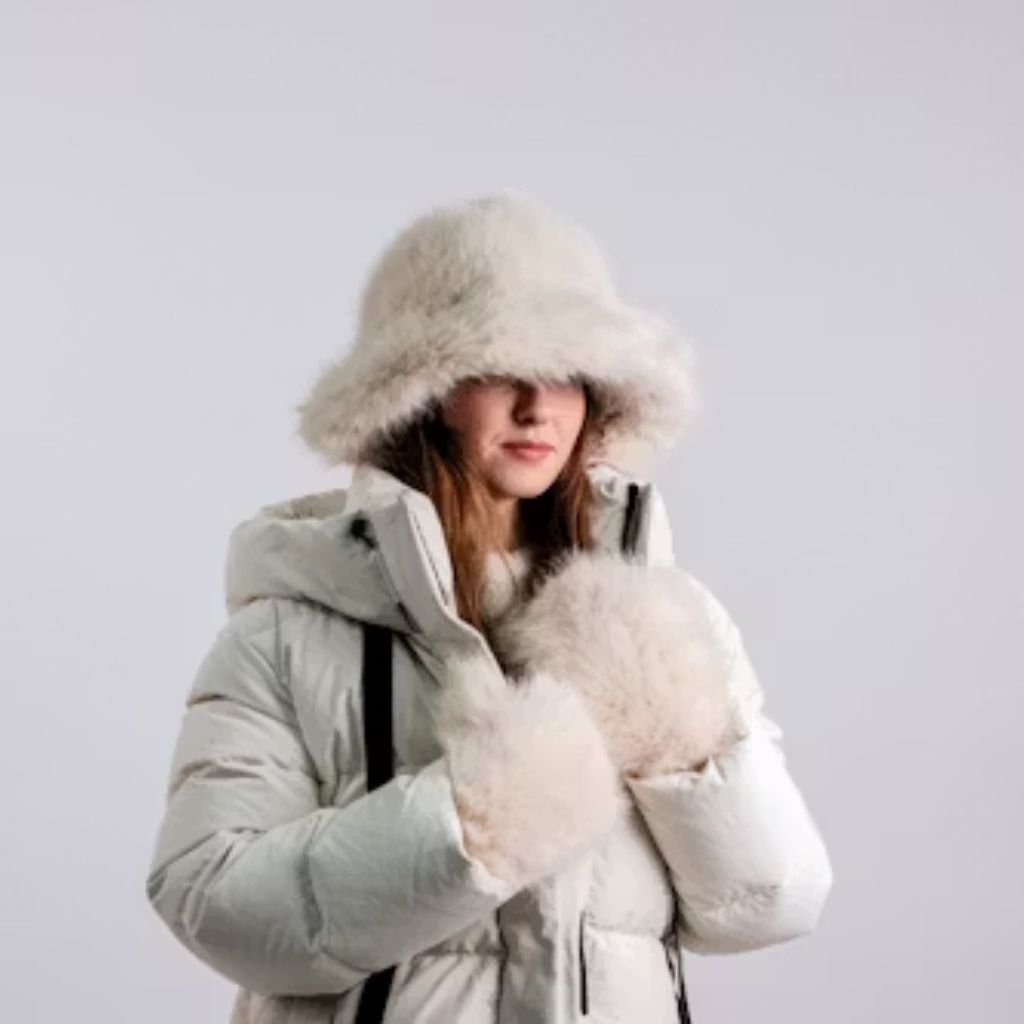 All-Weather Winter Coat: Protection From Rain, Snow & Wind 11 Alt text: A person stands against a plain white background wearing a white puffy winter jacket with a hood, a fluffy white hat, and matching fluffy mittens. Black straps are visible on the front, and the person is looking slightly to the right.
All-Weather Winter Coat: