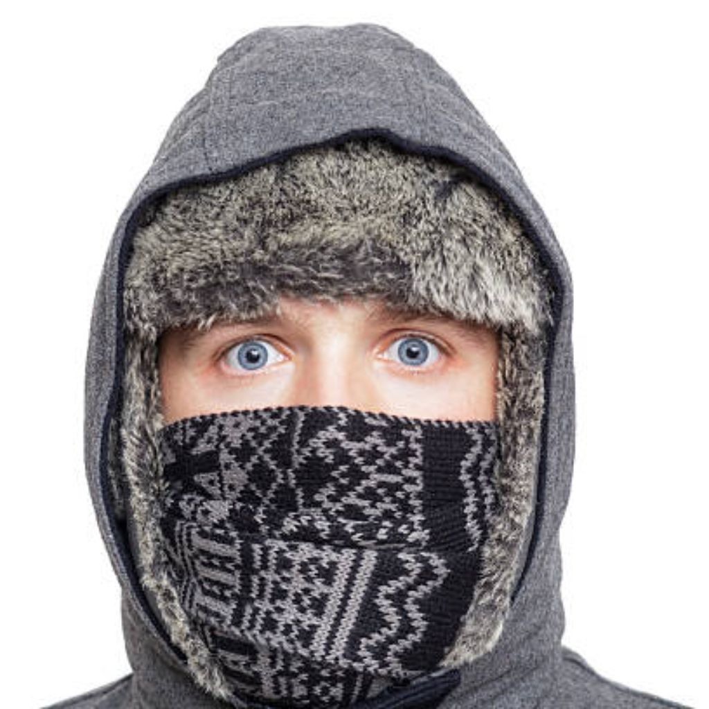 Alt text: A person wearing winter gear with only their blue eyes visible; gray hood with fur lining and a patterned scarf covering the lower half of the face against a white background. Polar Shield Windproof Knit Explained: