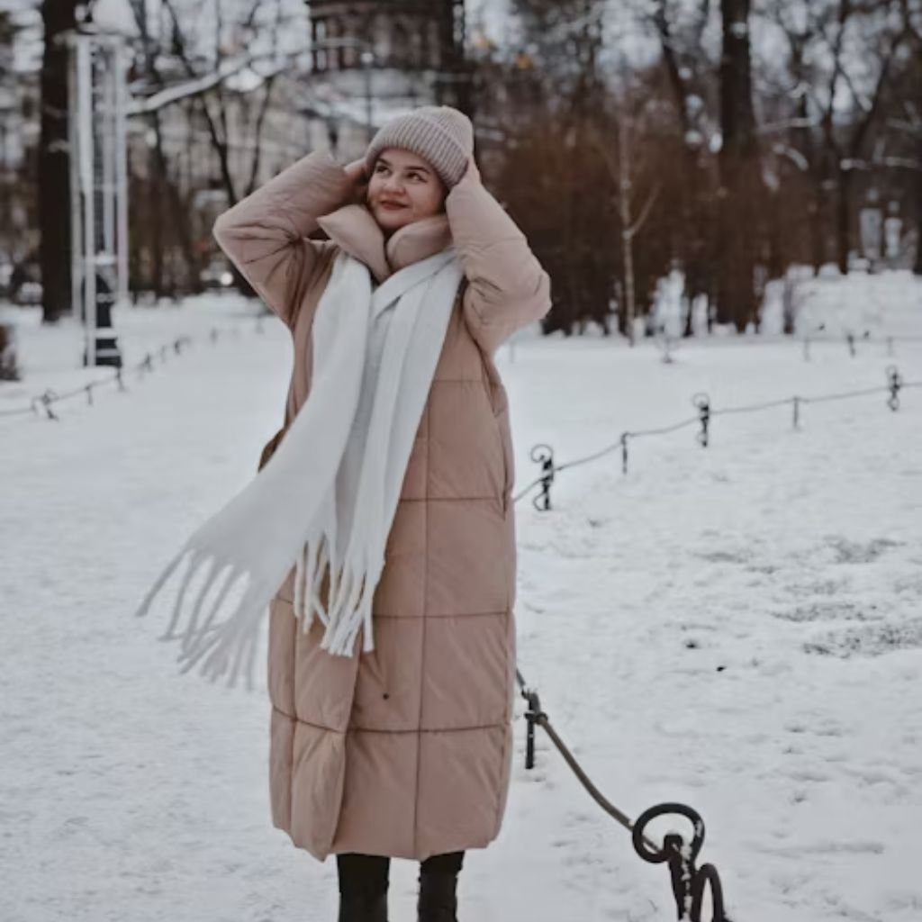 All-Weather Winter Coat: Protection From Rain, Snow & Wind 12 Alt text: A woman stands in a snowy park wearing a long beige puffer coat, a light pink knit hat, and a long white scarf. She has her hands up to adjust her hat, looking to the side, with bare trees and wrought-iron fencing in the background.
All-Weather Winter Coat: