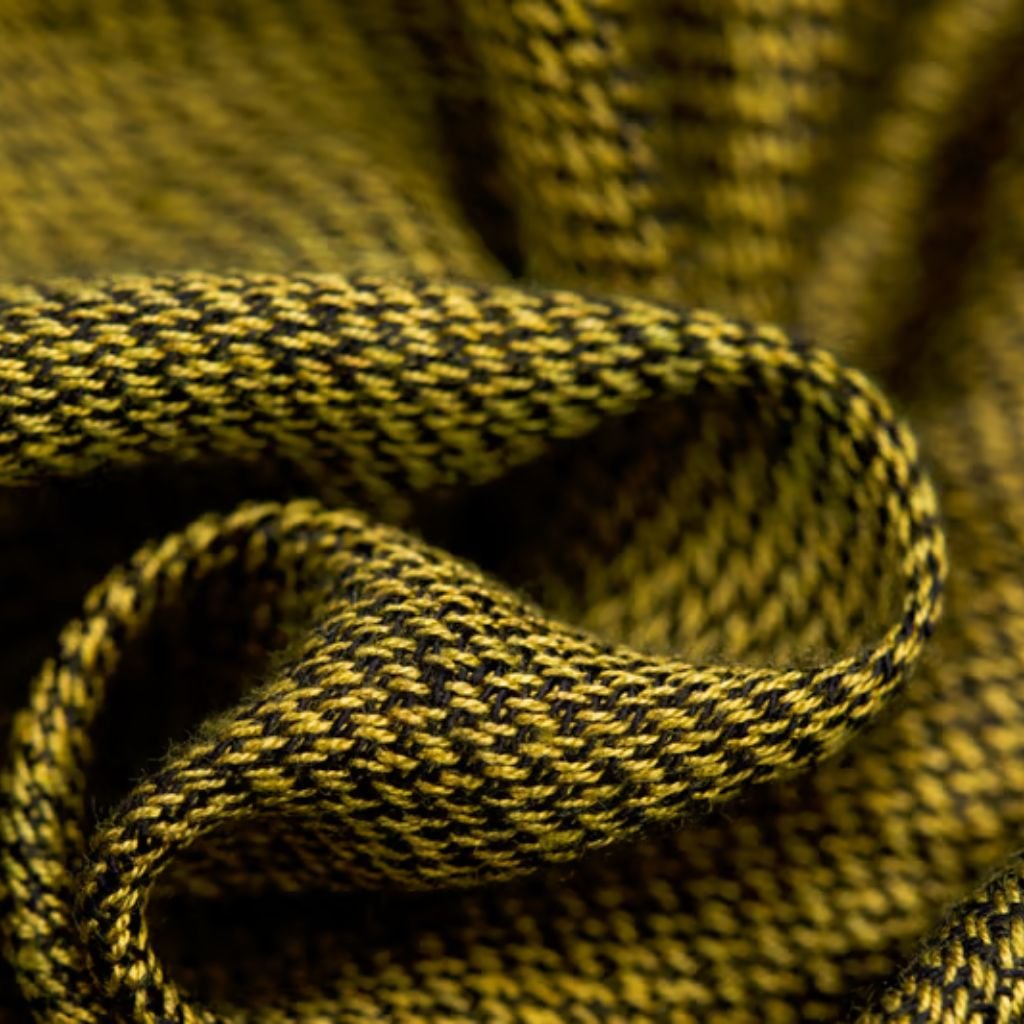 Alt text (short, screen-reader friendly): Close-up of textured woven fabric in olive and black with a braided pattern.

What Is Heat Wave Wool Blend?
