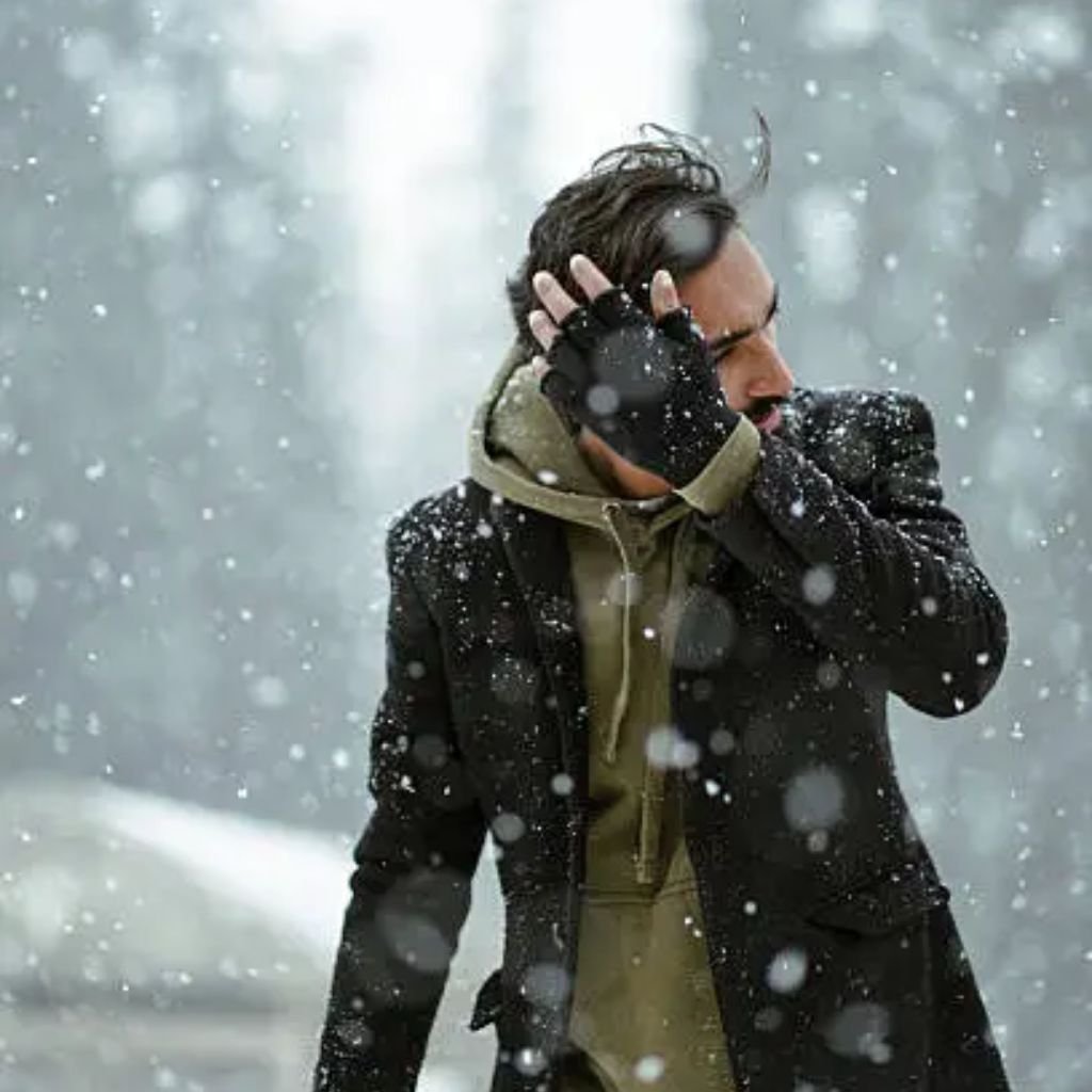 Cold Wind Blocking Winter Coat: Built to Stop Freezing Winds 6 Alt text (short description): A man stands in heavy snowfall wearing a black coat over a light green hoodie and black gloves, shielding his face with his hand.
Cold Wind Blocking Winter Coat
