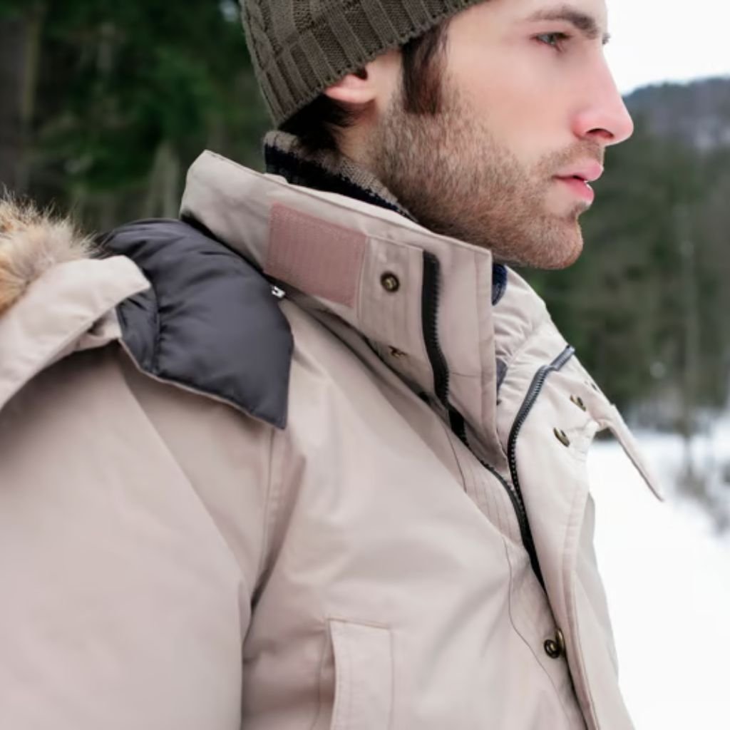 A man outdoors in a snowy setting wearing a beige military-inspired winter jacket with a high collar and a fur-lined hood, looking to the side.Maximum Warmth Winter Coat:
