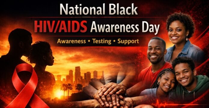 A promotional poster for National Black HIV/AIDS Awareness Day featuring a diverse group of smiling Black individuals with a warm sunset cityscape in the background. A prominent red AIDS awareness ribbon sits on the left, and the text at the top reads “National Black HIV/AIDS Awareness Day” with the tagline “Awareness • Testing • Support.”