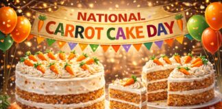 National Carrot Cake Day – The Sweetness of Carrot Cake A festive scene featuring two carrot cakes with white frosting and carrot decorations. One cake is whole and the other is sliced, with a vibrant banner overhead reading “NATIONAL CARROT CAKE DAY.” Orange and green balloons frame the scene against a confetti-filled background.