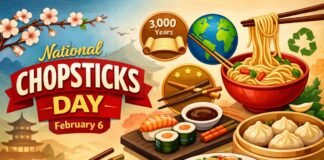 National Chopsticks Day: History, Meaning & How to Celebrate A colorful promotional illustration for National Chopsticks Day featuring sushi, noodles, dumplings, and chopsticks on a wooden board, with cherry blossoms, a traditional Asian building in the background, and a scroll reading “3,000 Years” and the date February 6.