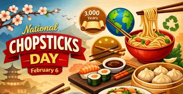 A colorful promotional illustration for National Chopsticks Day featuring sushi, noodles, dumplings, and chopsticks on a wooden board, with cherry blossoms, a traditional Asian building in the background, and a scroll reading “3,000 Years” and the date February 6.