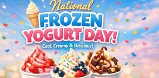National Frozen Yogurt Day: Fun Facts & How to Celebrate A bright advertisement for National Frozen Yogurt Day showing three cups of frozen yogurt with strawberry, vanilla, and chocolate toppings, colorful sprinkles, berries, chocolate pieces, and a pastel sky with confetti in the background.