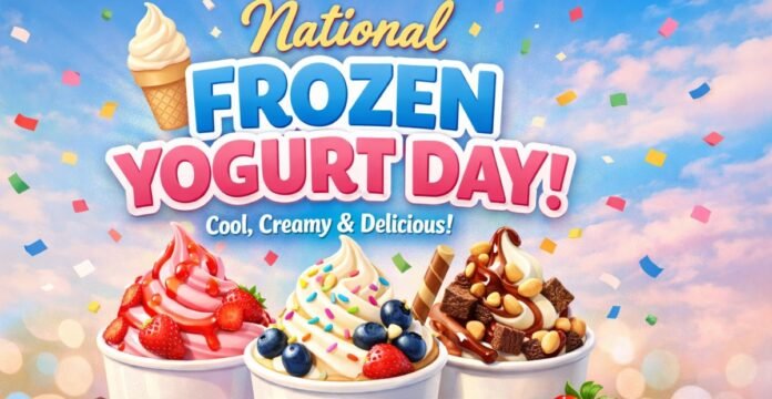 A bright advertisement for National Frozen Yogurt Day showing three cups of frozen yogurt with strawberry, vanilla, and chocolate toppings, colorful sprinkles, berries, chocolate pieces, and a pastel sky with confetti in the background.