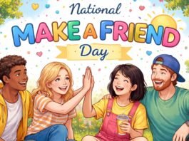 Four young adults sit outdoors, smiling and enjoying each other’s company. Two women in the center give a high-five, while a man and another woman join in the warmth. The sunny park setting includes trees and flowers. National Make a Friend Day