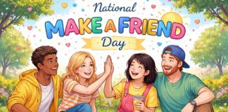 National Make a Friend Day: Celebrate Friendship & Connection Four young adults sit outdoors, smiling and enjoying each other’s company. Two women in the center give a high-five, while a man and another woman join in the warmth. The sunny park setting includes trees and flowers. National Make a Friend Day