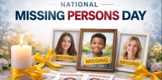 National Missing Persons Day Awareness, Support & Prevention A commemorative display for National Missing Persons Day featuring three framed portraits of smiling individuals with yellow “MISSING” banners across the frames. A lit white candle with a yellow ribbon sits to the left, and additional photos labeled “MISSING” are spread in front. The background is softly blurred with flowers.