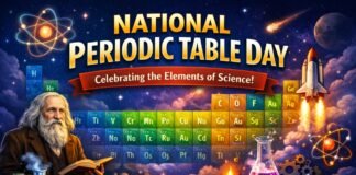 National Periodic Table Day – Celebrate Chemistry & Elements A vibrant promotional poster for National Periodic Table Day set against a dark, starry night sky with planets and a rocket. In the foreground, an elderly man with a white beard stands reading a book beside lab glassware. Colorful periodic table tiles and chemical symbols fill the middle, with additional science imagery like orbits and gears.