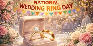 National Wedding Ring Day – Celebrate Love and Commitment A festive scene for National Wedding Ring Day. In the foreground, an open ring box displays a diamond engagement ring and a gold wedding band. Above, a decorative banner reads “National Wedding Ring Day” with colorful pennant flags. The edges are bordered with pink and white flowers, and a bride stands in the softly blurred background as golden confetti falls.
