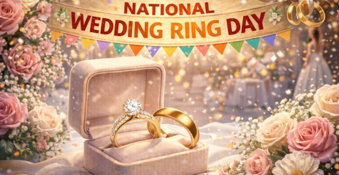 A festive scene for National Wedding Ring Day. In the foreground, an open ring box displays a diamond engagement ring and a gold wedding band. Above, a decorative banner reads “National Wedding Ring Day” with colorful pennant flags. The edges are bordered with pink and white flowers, and a bride stands in the softly blurred background as golden confetti falls.