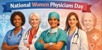 National Women Physicians Day: Honoring Women in Medicine Four diverse women physicians in scrubs and white coats stand with arms crossed, smiling. Each has a stethoscope, and a banner in the background reads “National Women Physicians Day.” Subtle medical icons and a faint portrait of an older woman appear behind them.