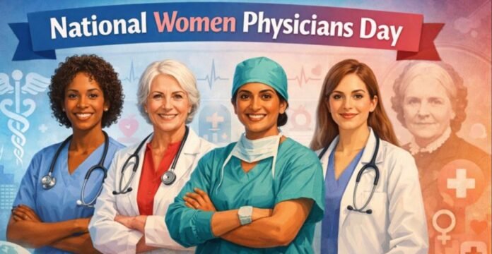 Four diverse women physicians in scrubs and white coats stand with arms crossed, smiling. Each has a stethoscope, and a banner in the background reads “National Women Physicians Day.” Subtle medical icons and a faint portrait of an older woman appear behind them.