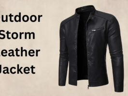 Outdoor Storm Leather Jacket in black, rugged leather with reinforced stitching and adjustable waist, displayed on a hanger.