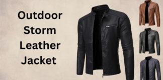 Outdoor Storm Leather Jacket with All-Weather Power Outdoor Storm Leather Jacket in black, rugged leather with reinforced stitching and adjustable waist, displayed on a hanger.