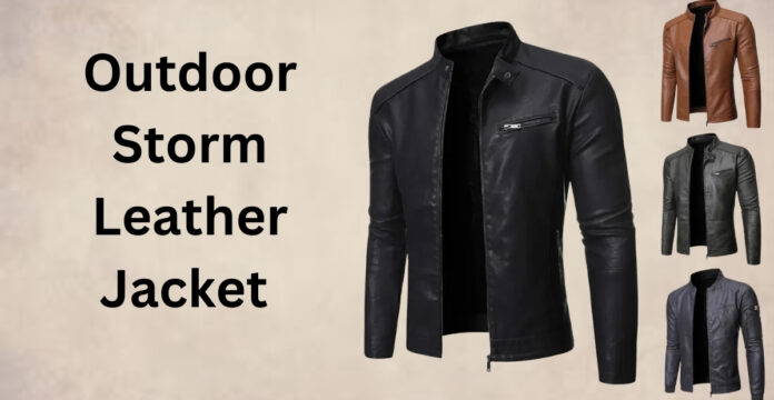 Outdoor Storm Leather Jacket in black, rugged leather with reinforced stitching and adjustable waist, displayed on a hanger.