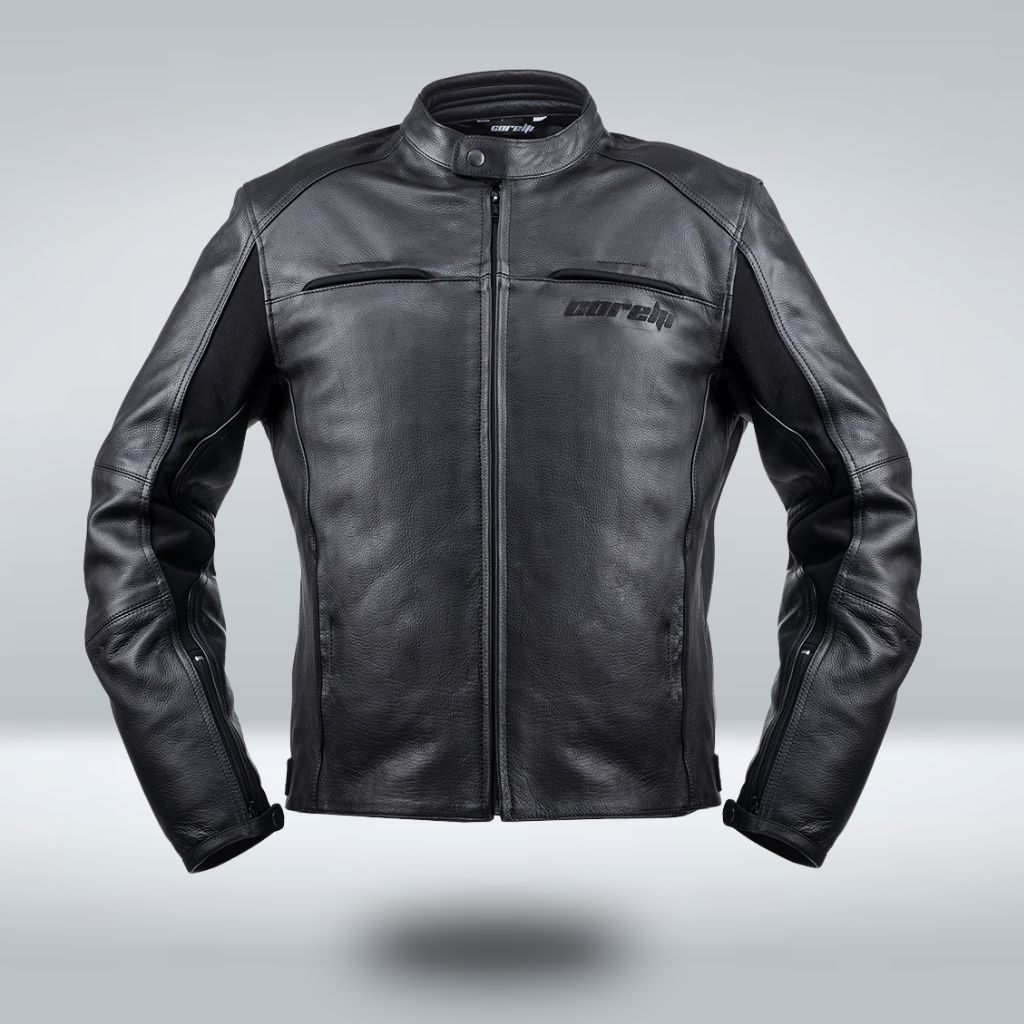 Outdoor Storm Leather Jacket, black leather with storm-flap zipper and rugged design

