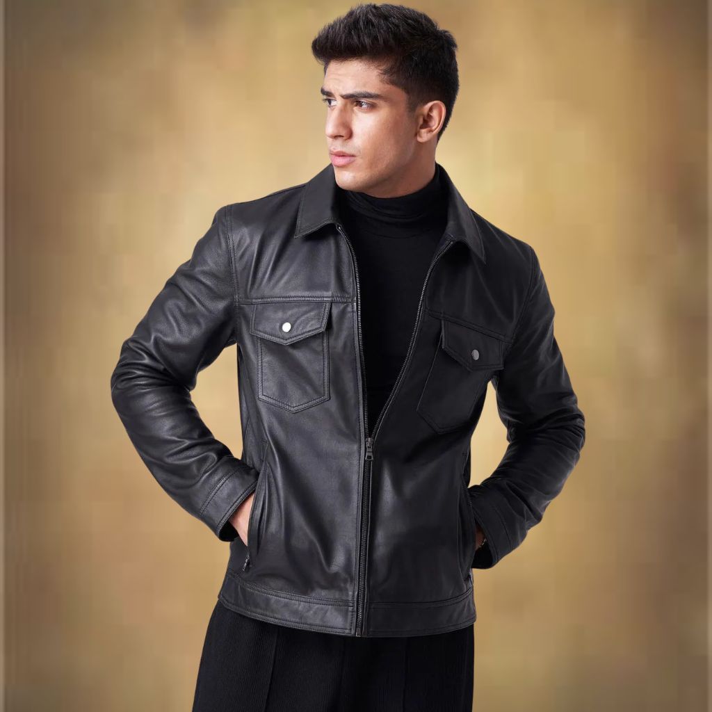 Outdoor Storm Leather Jacket, dark brown leather with a weatherproof finish, front zipper, and multiple pockets.