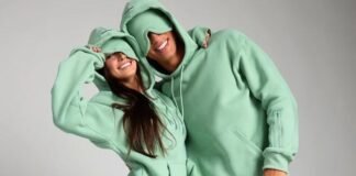 Oversized Zip-Up Hoodies: Comfort, Style & Streetwear Guide A cheerful photo of a smiling couple wearing matching light-green oversized hoodies. The woman on the left has her hoodie pulled down over her eyes, and the man on the right has his hoodie pulled down as well. They are standing close together against a neutral gray background, embracing playfully.