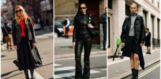 Party Leather Jacket with Sleek Design for Evening Wear A collage of three street style outfits featuring leather jackets: left a woman in a black leather jacket over a red top with a long black skirt and boots; center a woman in a black leather jumpsuit with sunglasses; right a woman in a black leather jacket over a gray turtleneck, black skirt, and combat boots on a city street.