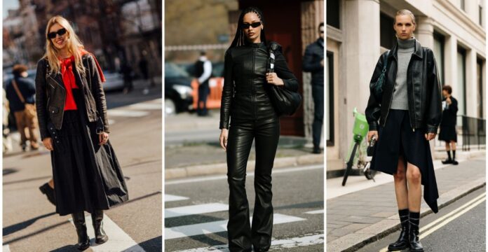 A collage of three street style outfits featuring leather jackets: left a woman in a black leather jacket over a red top with a long black skirt and boots; center a woman in a black leather jumpsuit with sunglasses; right a woman in a black leather jacket over a gray turtleneck, black skirt, and combat boots on a city street.