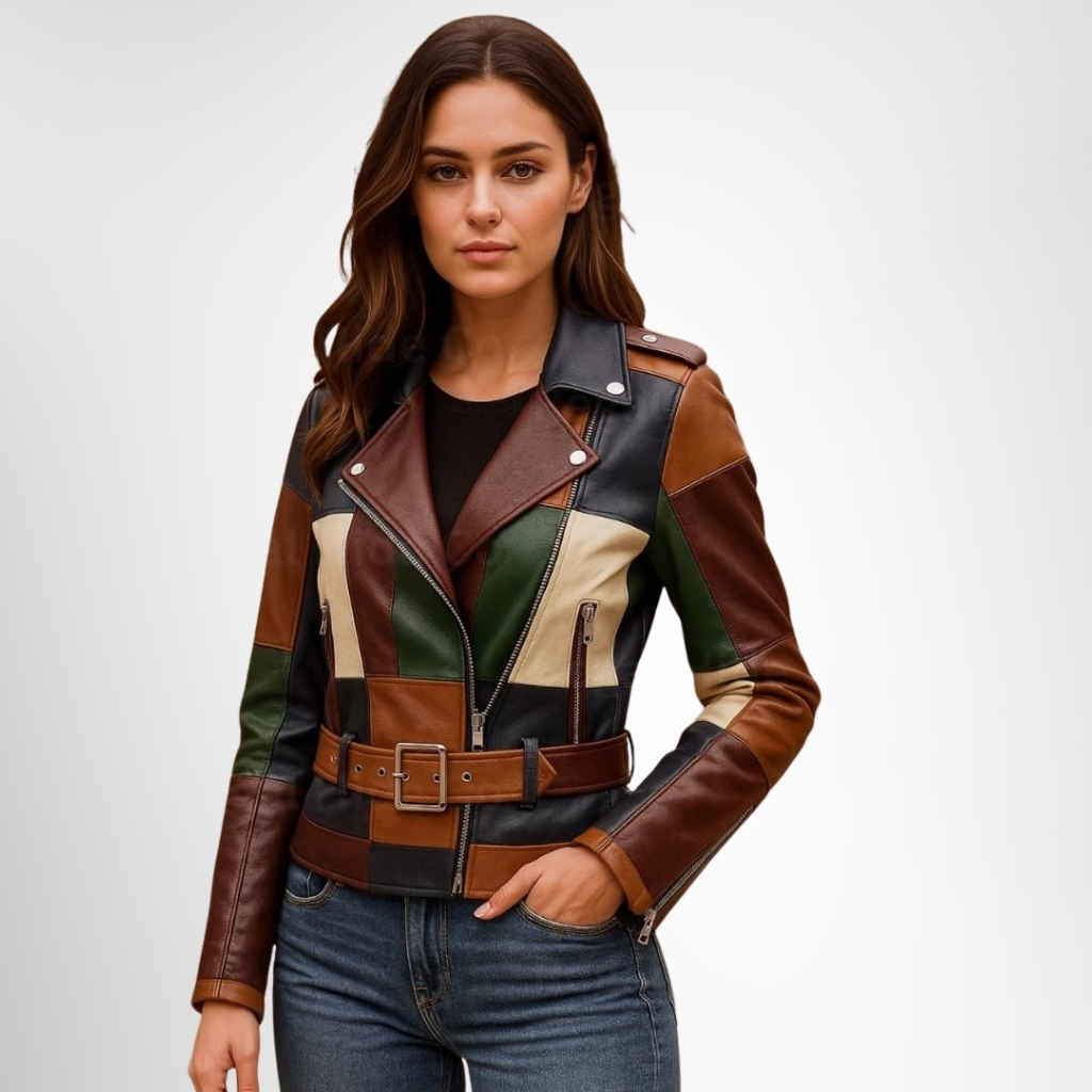 Stylish Patchwork Leather Jacket with Bold Multicolor Design 6 : A woman stands against a light gradient background wearing a color-blocked patchwork leather jacket in brown, black, green, and beige tones with an asymmetrical zipper and a matching brown belt. She has one hand in her pocket and wears blue jeans.