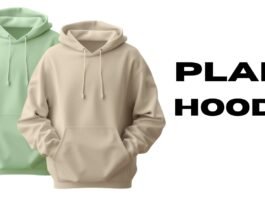 Two plain hoodies, one light green and one beige, side by side with large bold text “PLAIN HOODIE” on the right.