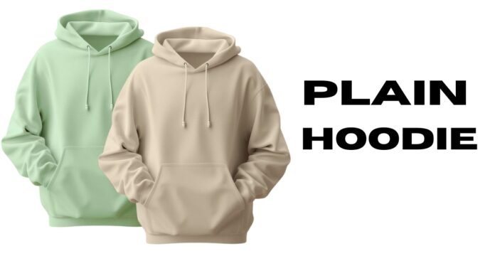 Two plain hoodies, one light green and one beige, side by side with large bold text “PLAIN HOODIE” on the right.