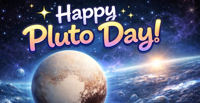 A space-themed celebration image featuring a detailed illustration of Pluto in the foreground with its distinctive heart-shaped feature, set against a starry cosmic background and distant planets. Pluto Day