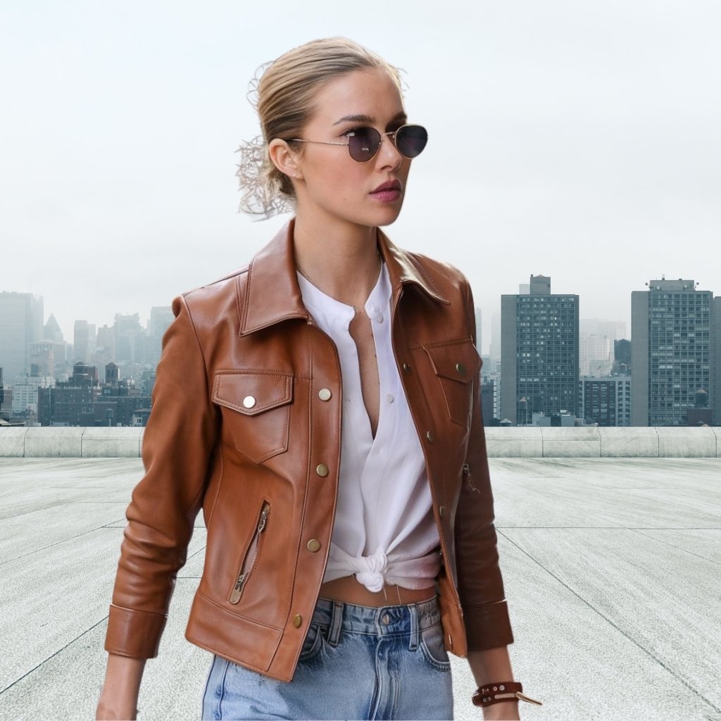  A stylish woman with blonde hair wearing round sunglasses, a tan leather jacket, white knotted top, and light blue jeans, standing on a rooftop with a hazy city skyline in the background.