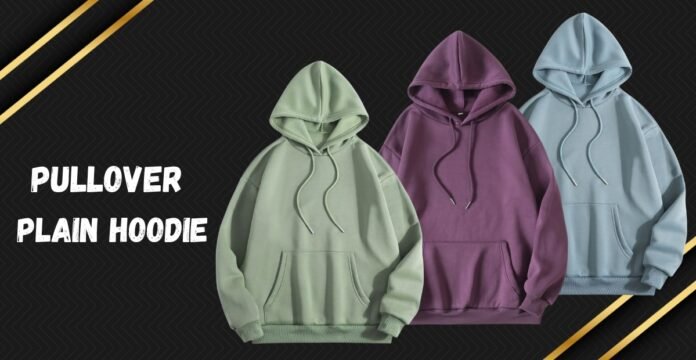 Three pullover plain hoodies in light green, purple, and light blue lined up against a dark chevron background with gold diagonal accents; each hoodie has a drawstring hood and a front kangaroo pocket.